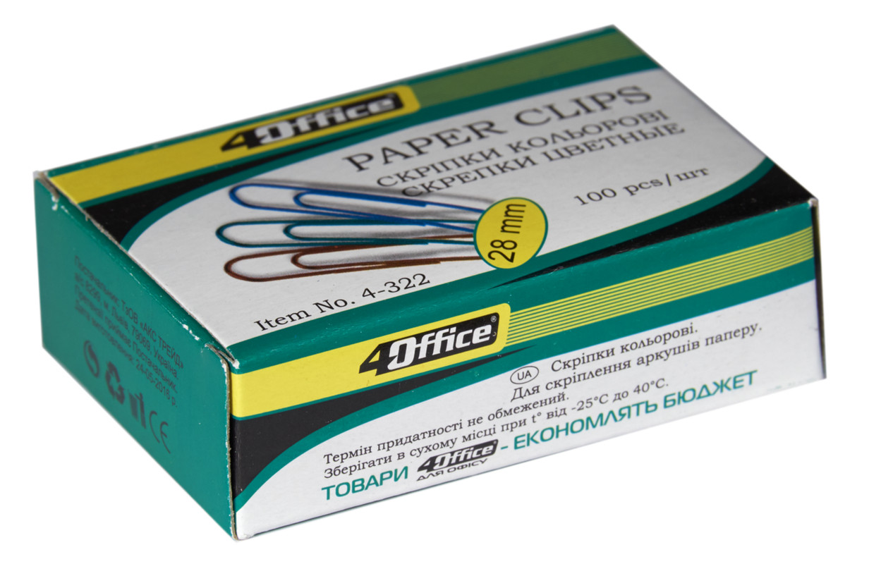 Скріпки 4OFFICE (4-322), 28 мм, круглі, РVC покриття, 100 шт.